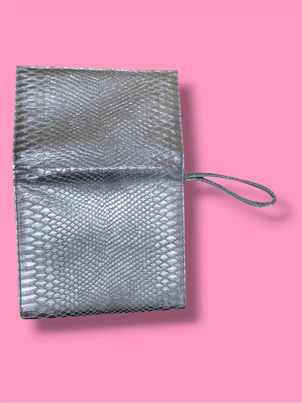 Neiman Marcus Iridescent Pewter Snake-Embossed Wristlet Clutch